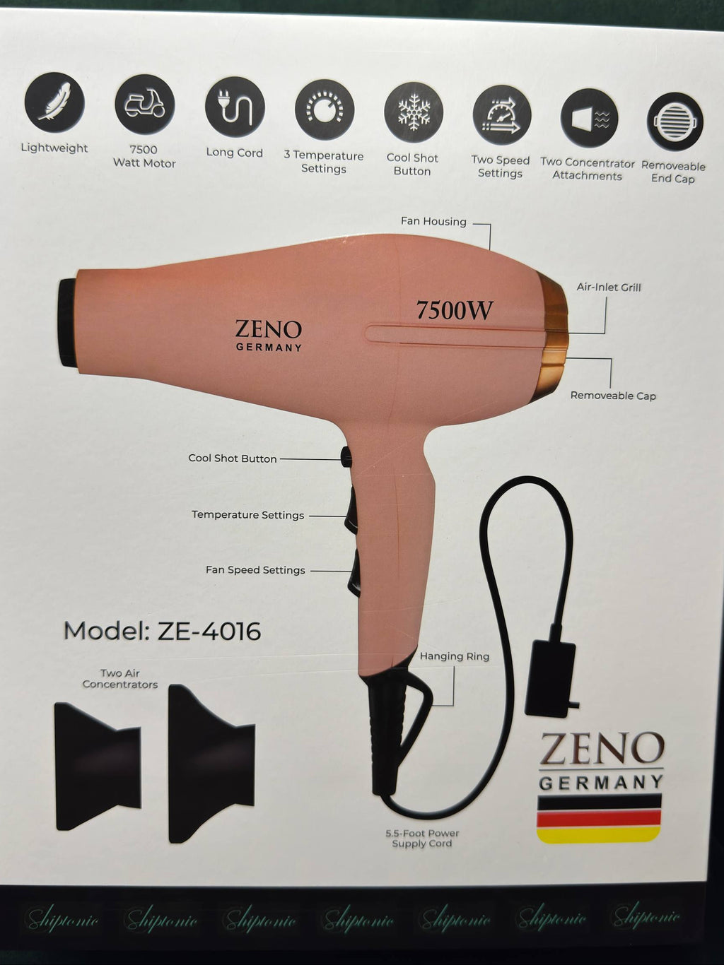 Shiptonic/ZENO Germany Pro hajszárító - Gyorsan száradó és sima felületű haj (Rózsaszín)